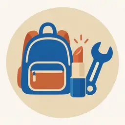 Cartable, rouge à lèvres et clé : le thème quotidien.