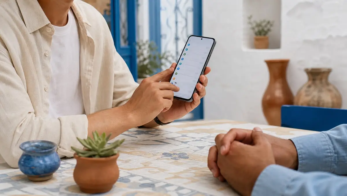 Une personne teste un téléphone d’occasion à une table de café, avant de payer.