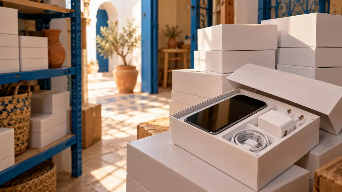 Des cartons d’électronique ouverts, avec un chargeur qui ne va pas avec l’appareil.