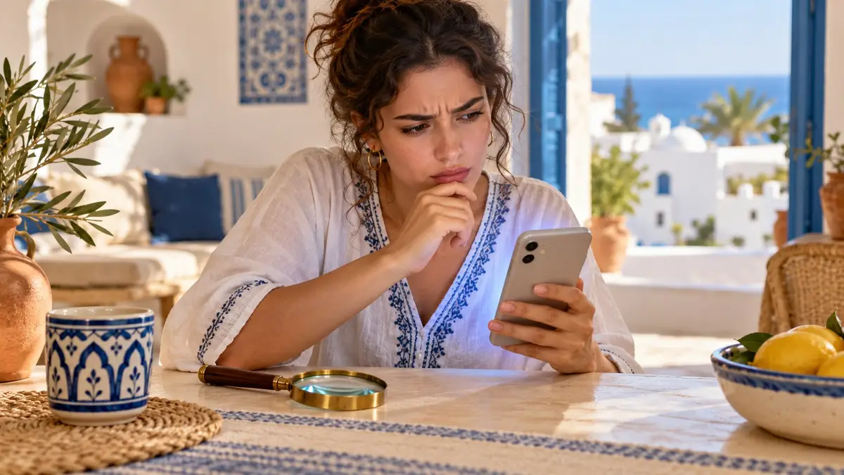Une personne fait défiler un fil d’achats sur un téléphone, une loupe à côté.