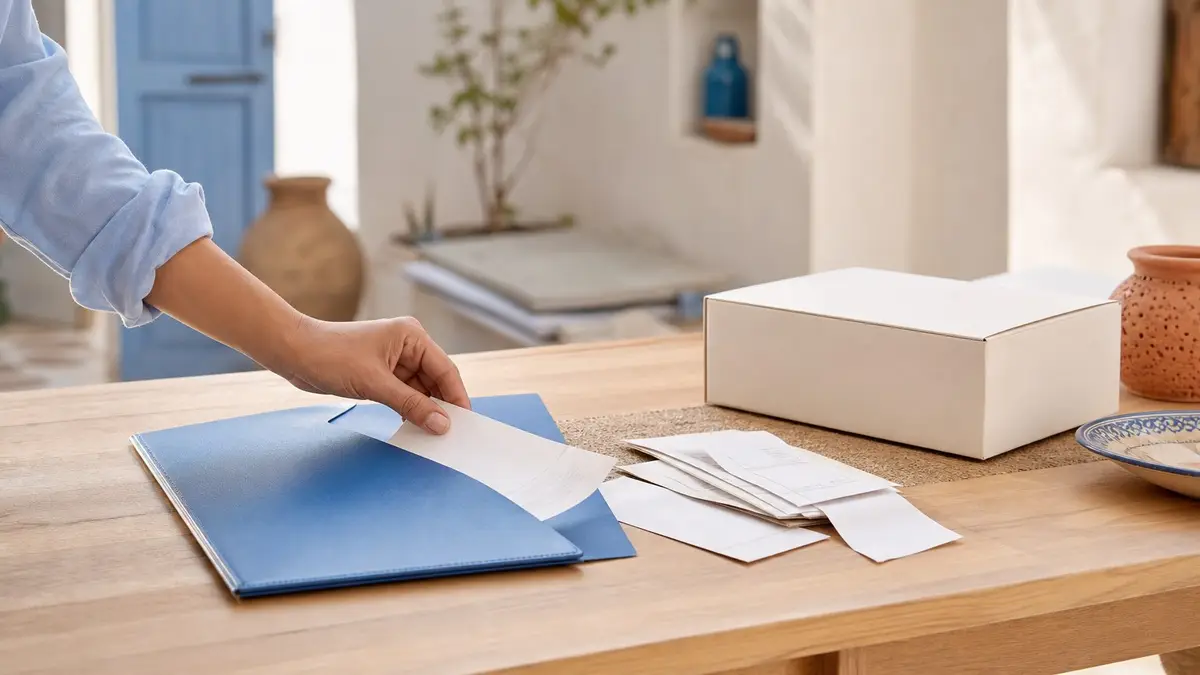 Une main range un reçu dans une chemise, à côté d’une boîte d’appareil.