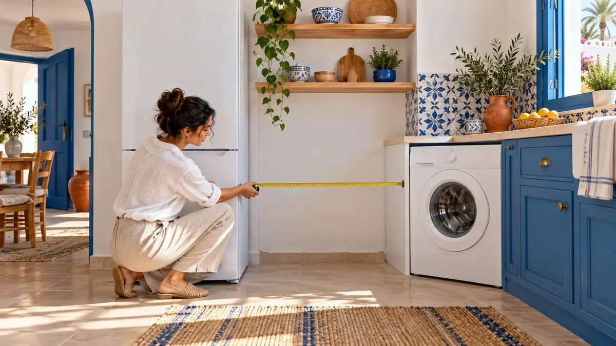Une cuisine claire, avec un mètre tendu à l’emplacement d’un appareil.