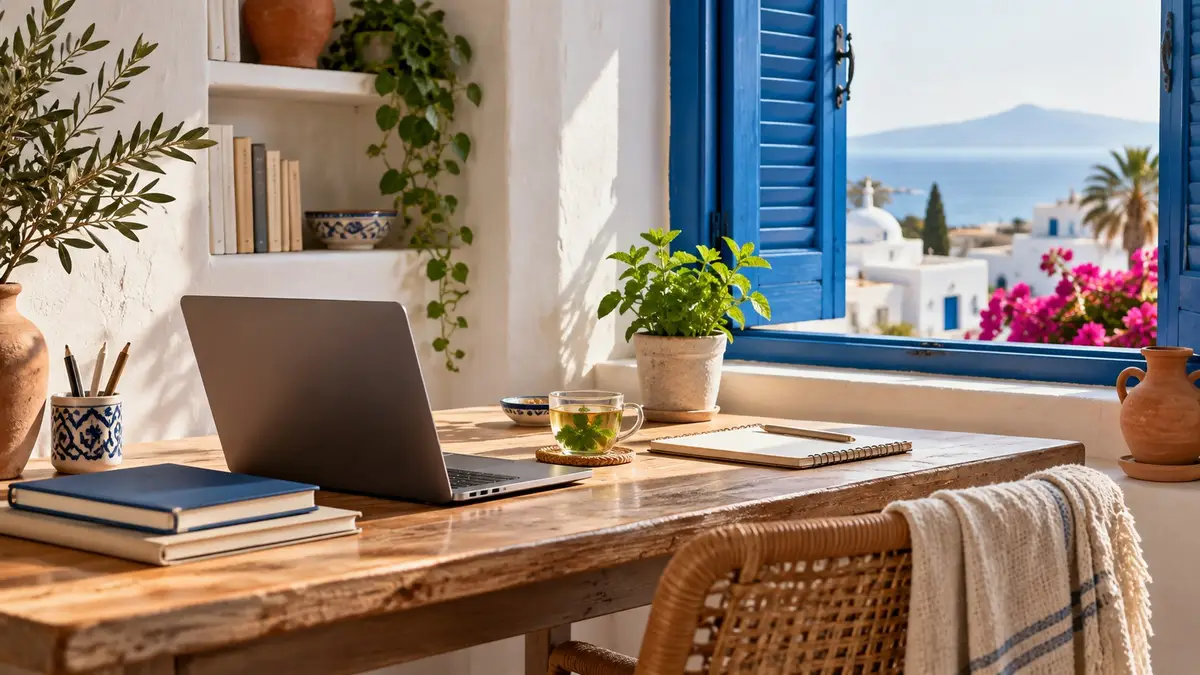 Un ordinateur portable ouvert sur un bureau d’étudiant, près d’un volet bleu.