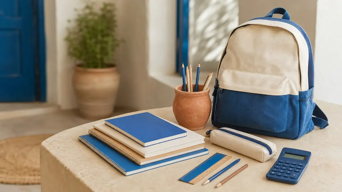 Un cartable, des cahiers et des crayons préparés pour la rentrée.