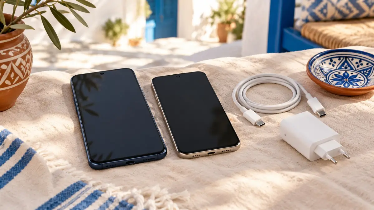 Deux téléphones posés côte à côte, avec un câble de charge.