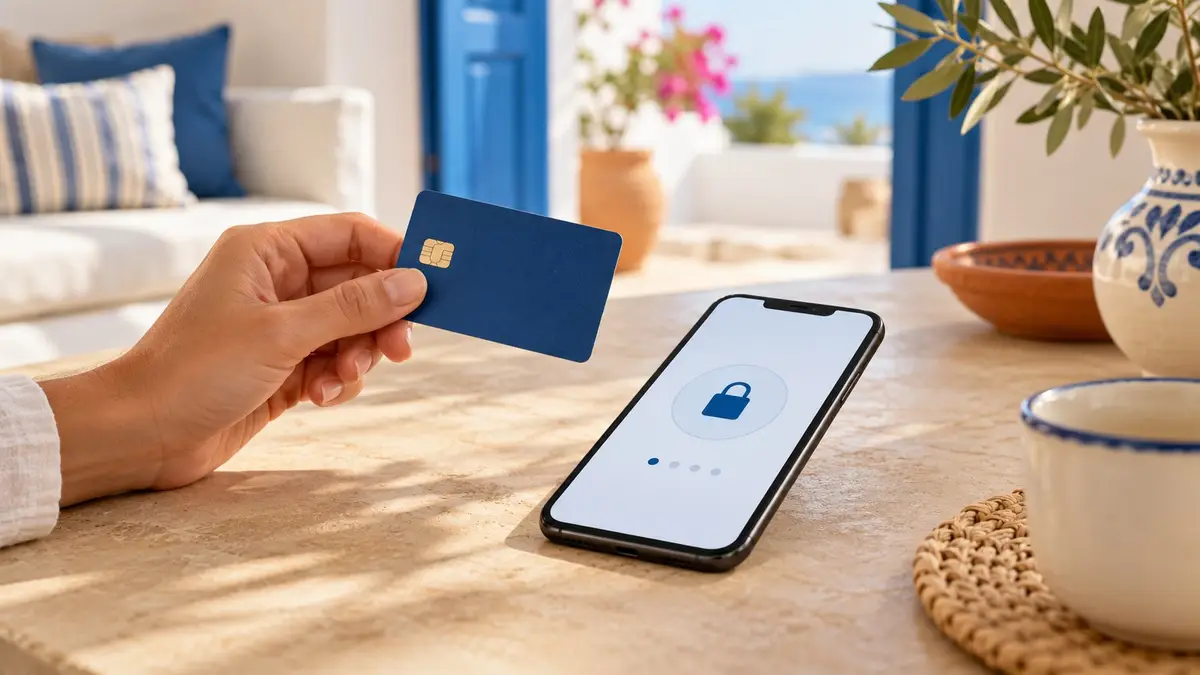 Un téléphone sur une page de paiement, une carte posée face cachée.