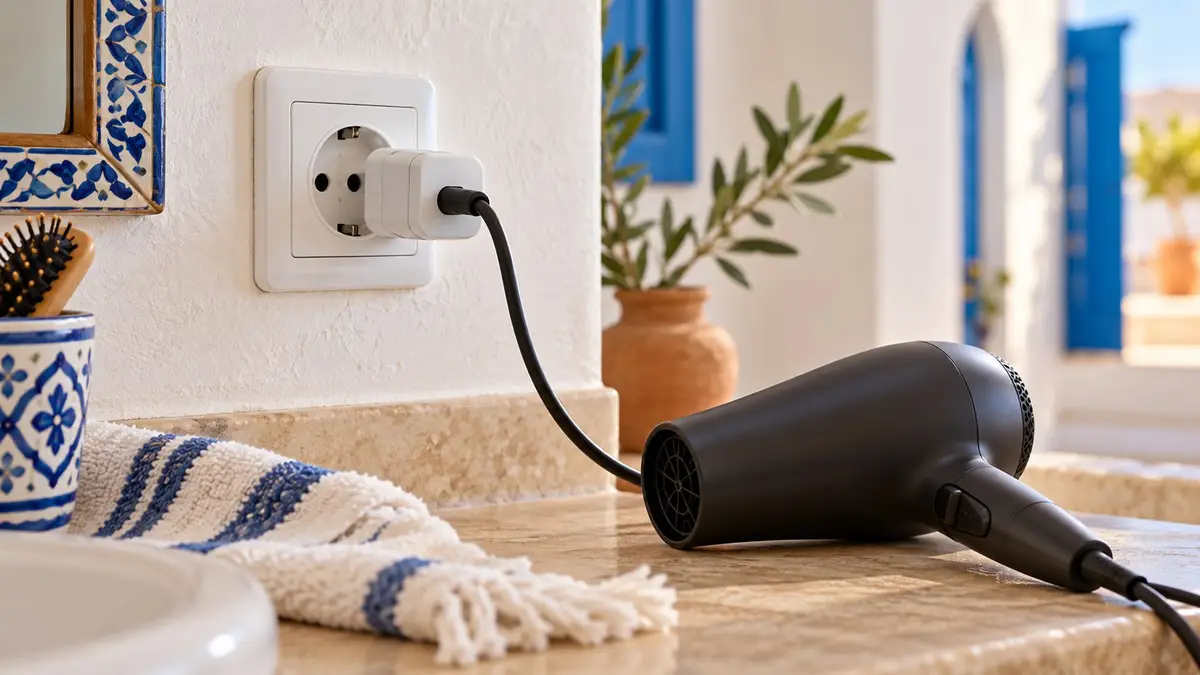 Une prise, un adaptateur et l’étiquette d’un appareil électrique.